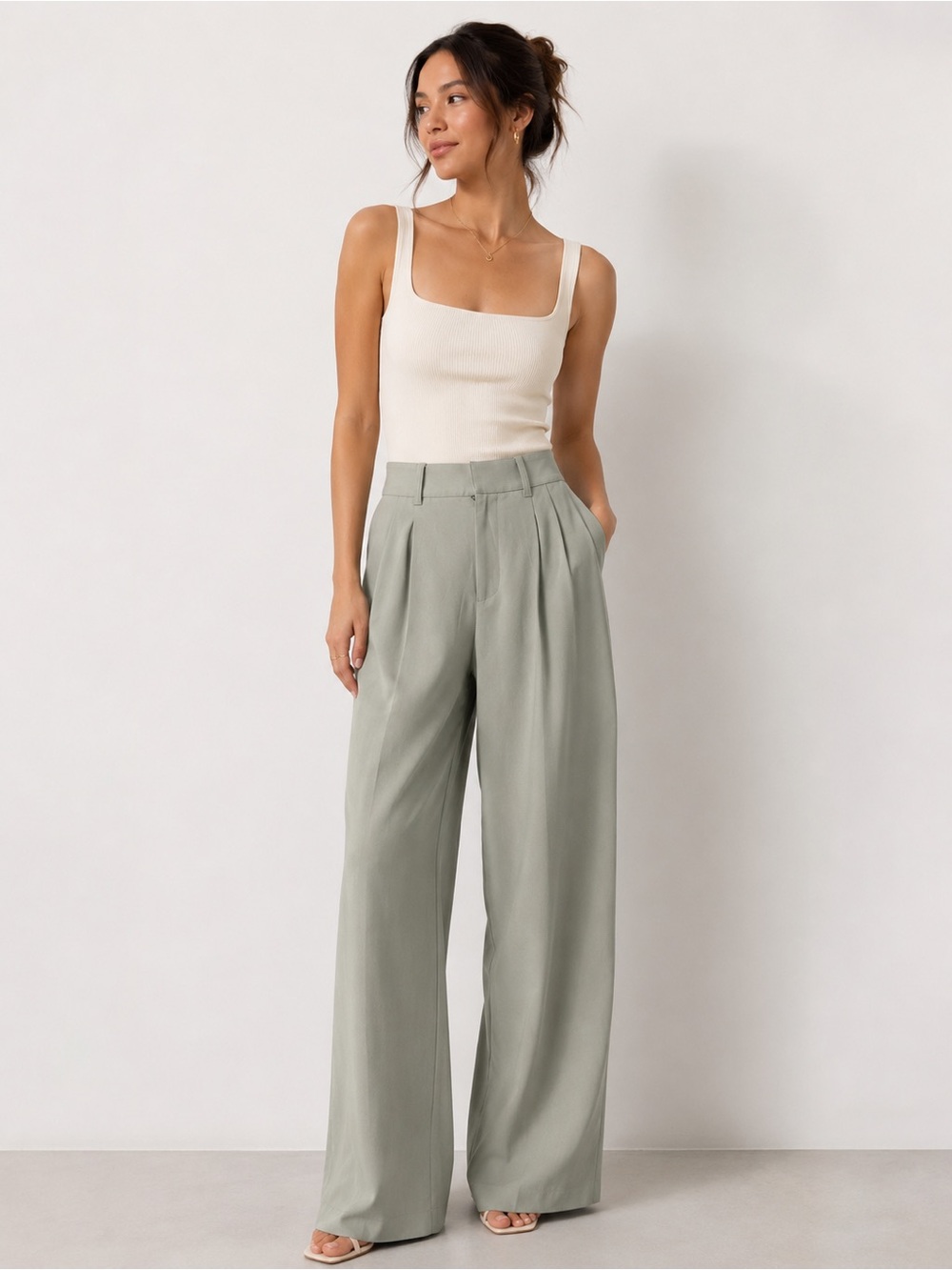 Abercrombie Wide Leg Tailored Trousers XXS Short Sage Green Pleated Pants